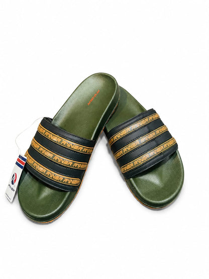 Olive Green Casual Slide Sandals with Striped Logo Band