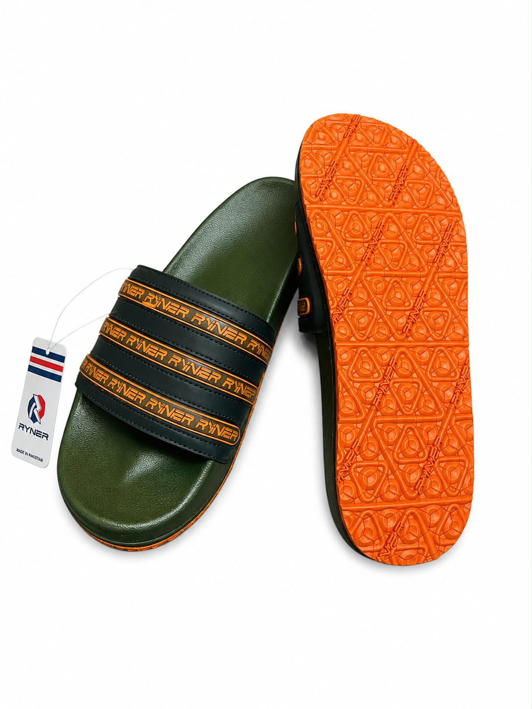 Olive Green Casual Slide Sandals with Striped Logo Band
