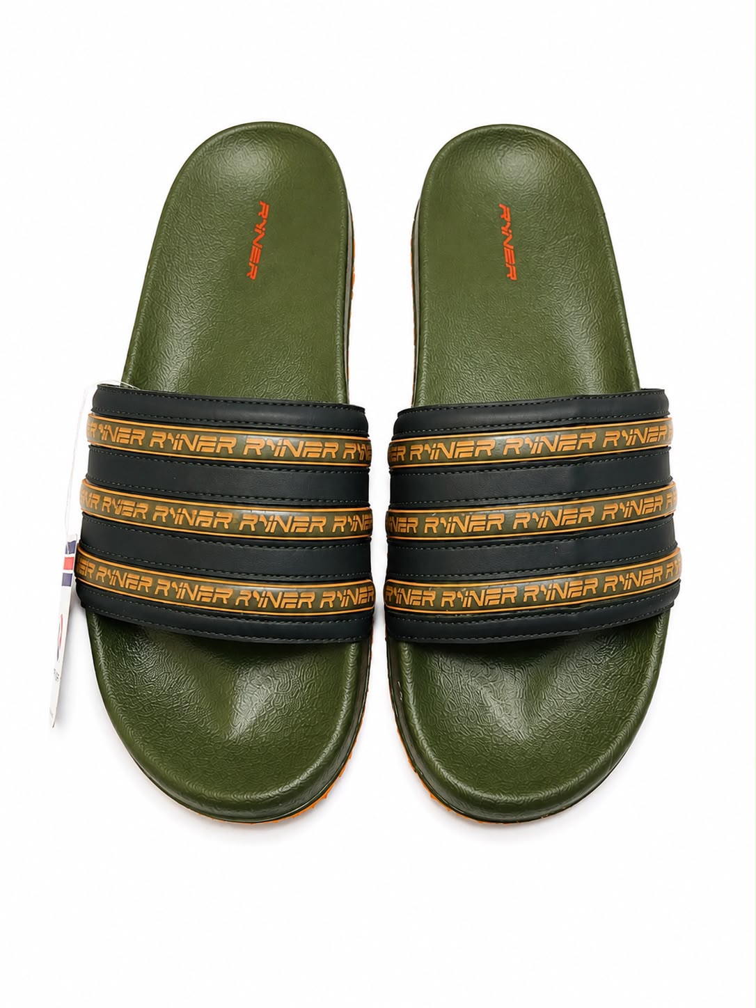Olive Green Casual Slide Sandals with Striped Logo Band